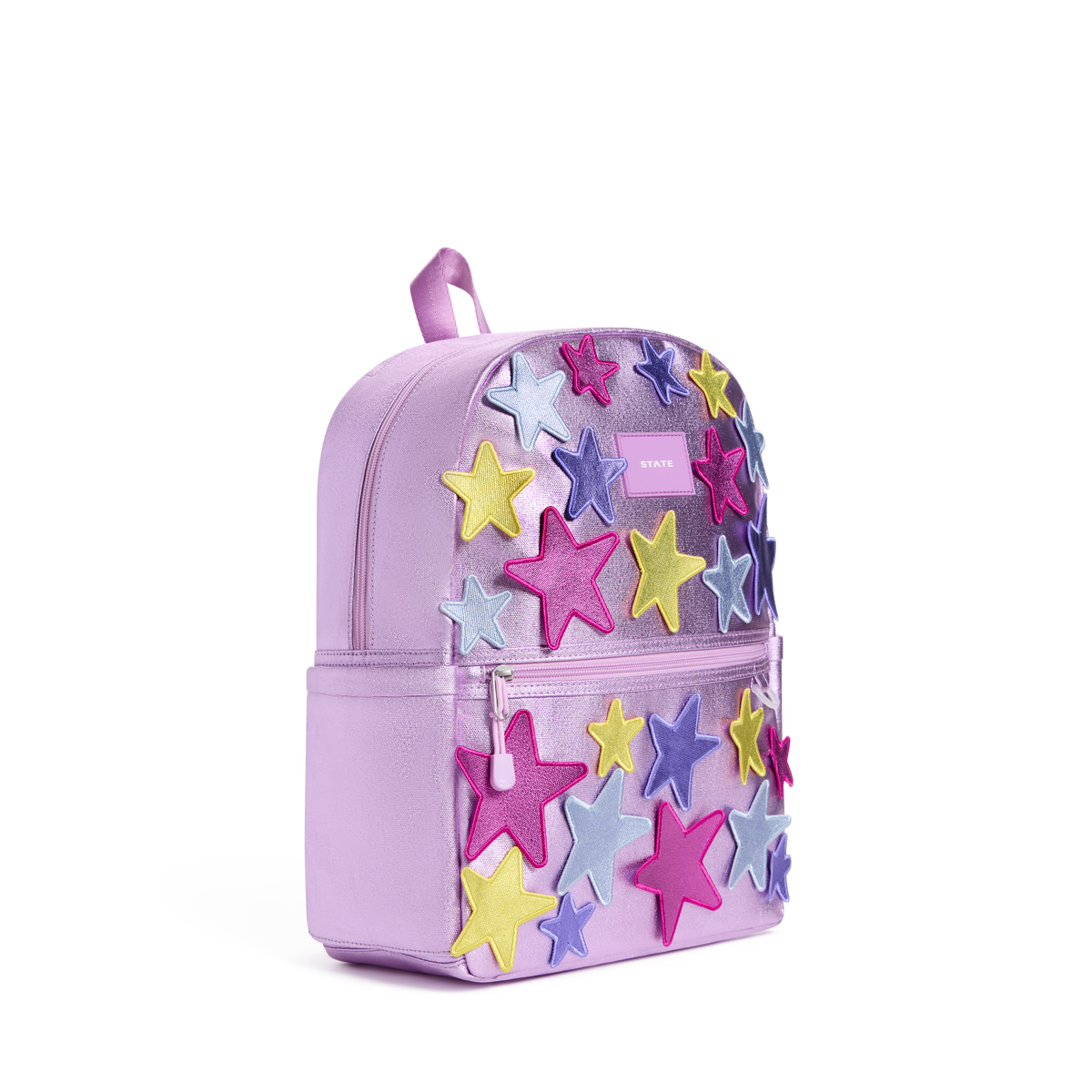 A lavender purple backpack decorated with colorful 3D star patches in pink, yellow, and blue, shown against a plain white background.