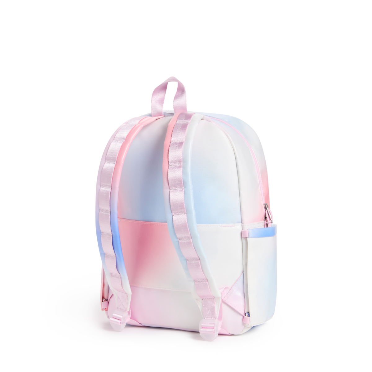 A pastel ombre backpack with a color-shifting finish, featuring pink, light blue, and white gradient panels, shown from the back on a white background.