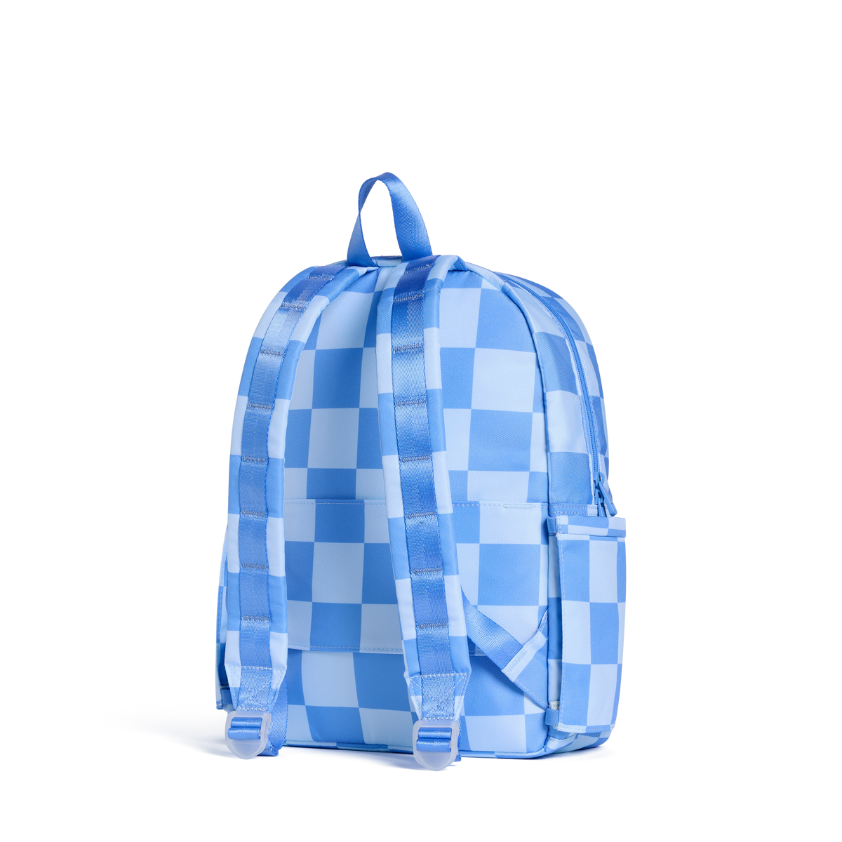 A blue and white checkered backpack shown from the back on a clean white background.