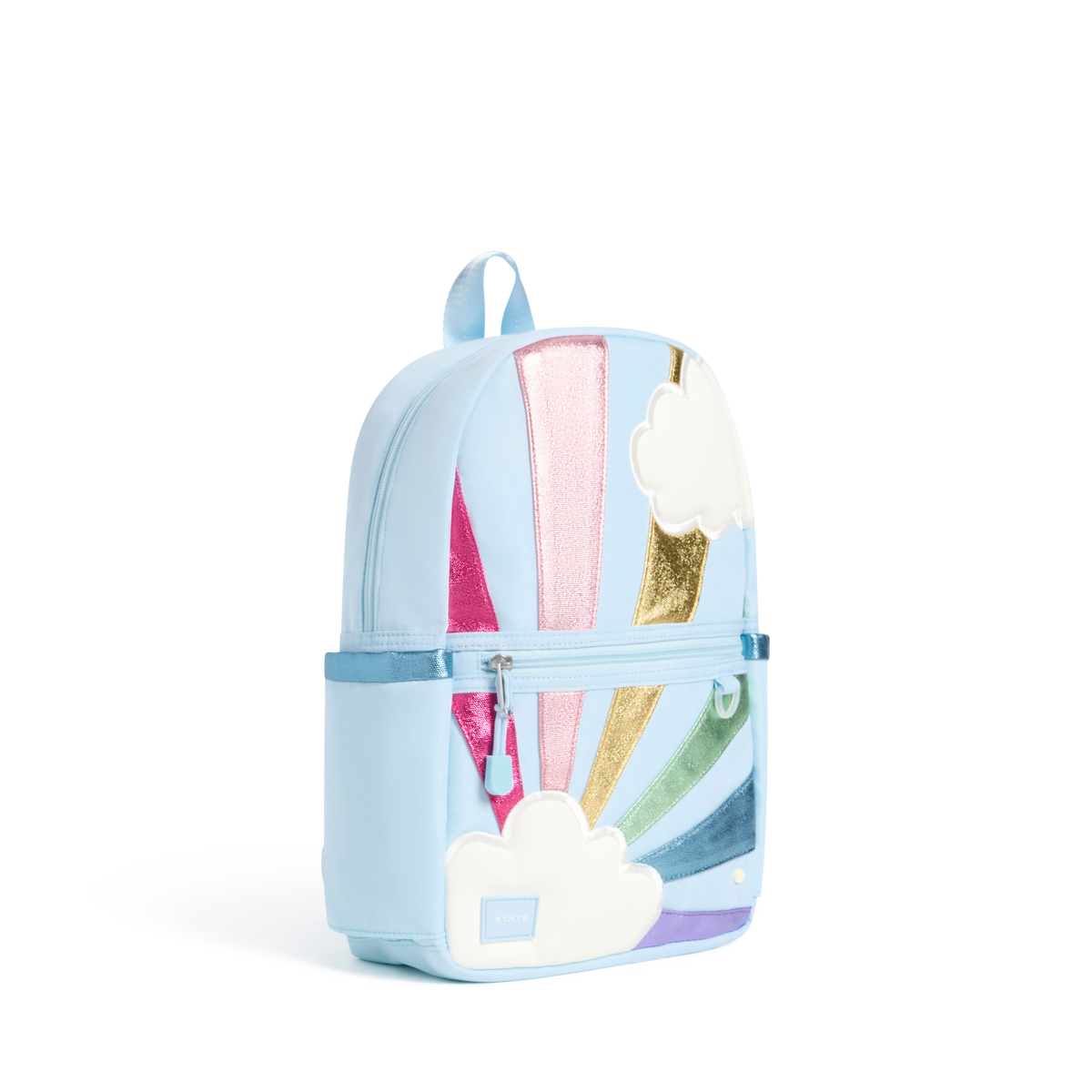 A light blue backpack featuring a whimsical ice cream cone and rainbow design with glittery and applique details, set against a plain white background.