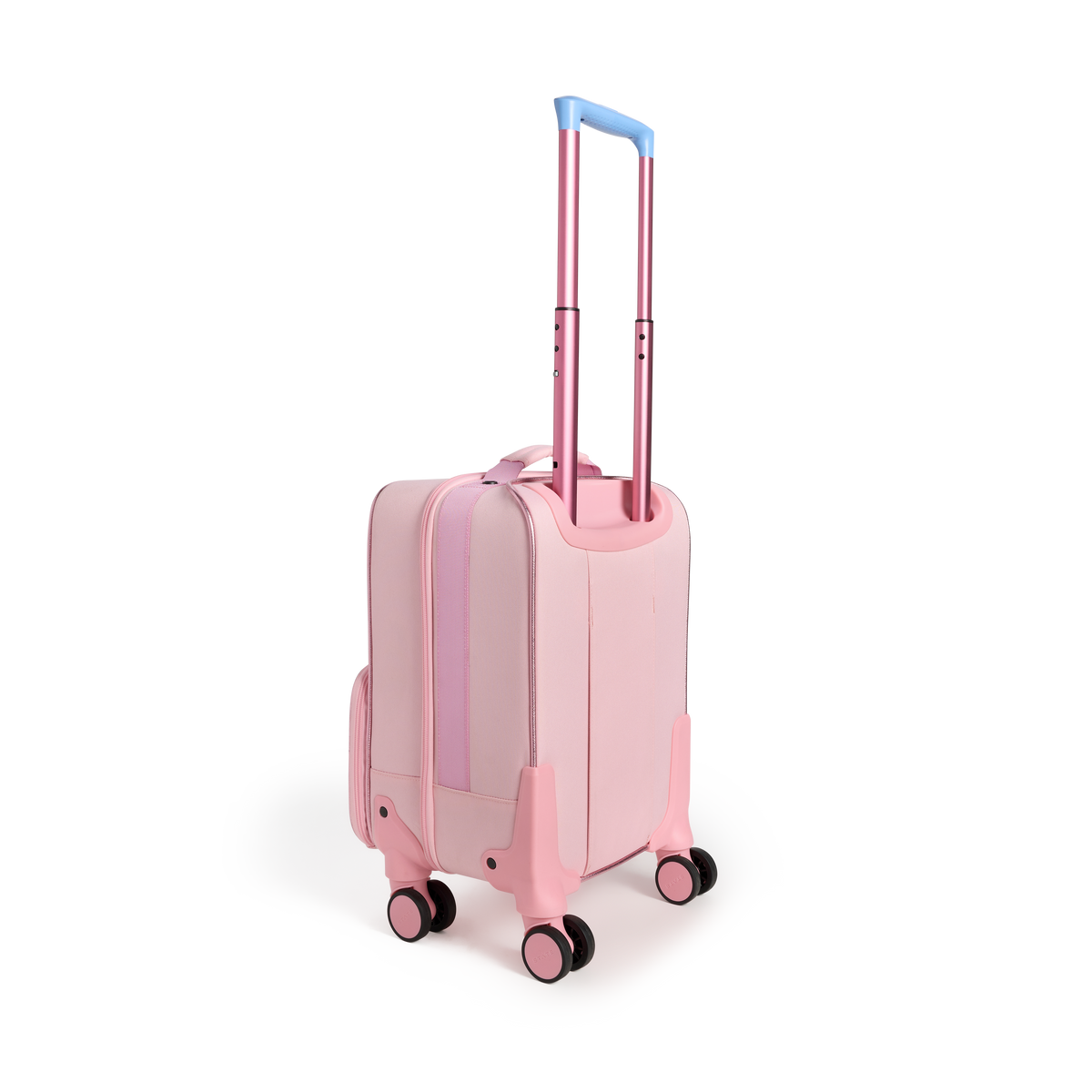 Rear three-quarters view of a pink State Bags Mini Logan carry-on suitcase designed to look like a house, showcasing its blue telescopic handle, 360-degree spinner wheels, and side details against a transparent background.