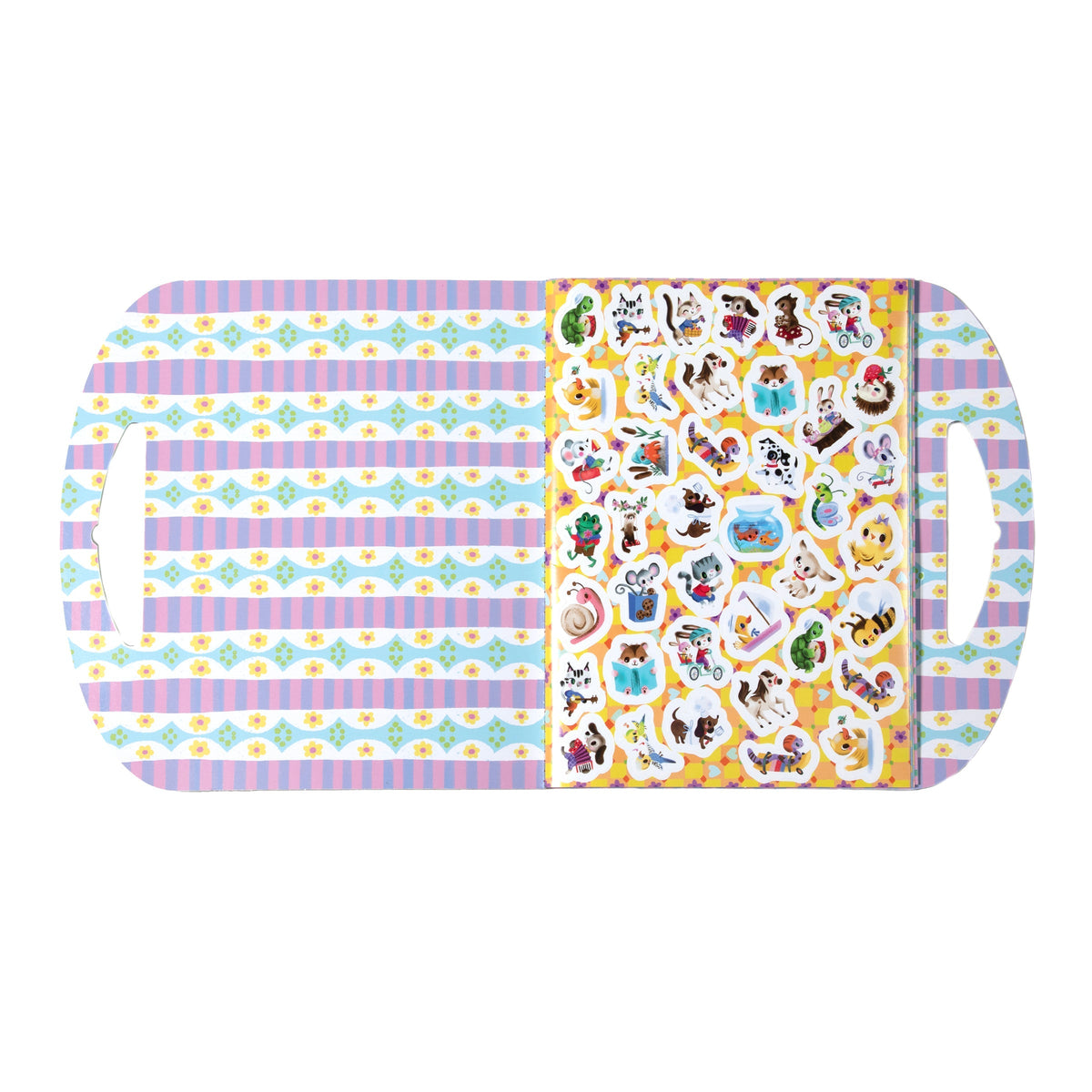 Pets Stickers by Eeboo sheet featuring an assortment of colorful and detailed pet illustrations, including dogs, cats, bunnies, birds, and guinea pigs.