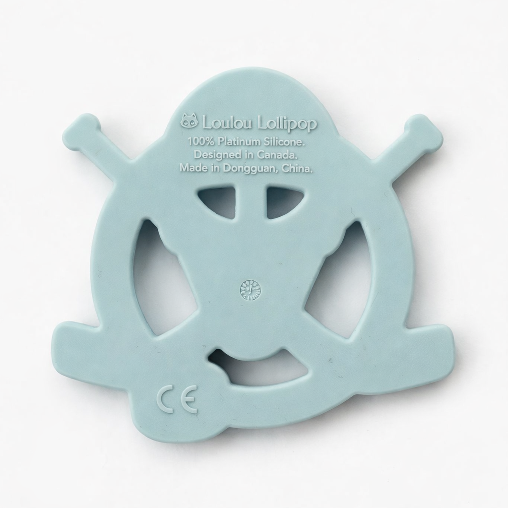 Light blue teething toy with 'Loulou Lollipop' branding on a white background
