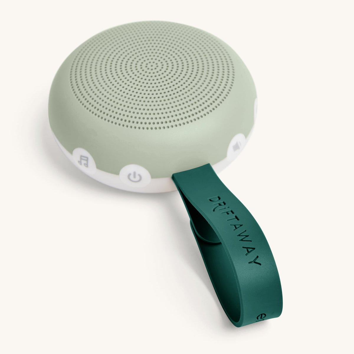 Portable speaker with a green handle on a white background