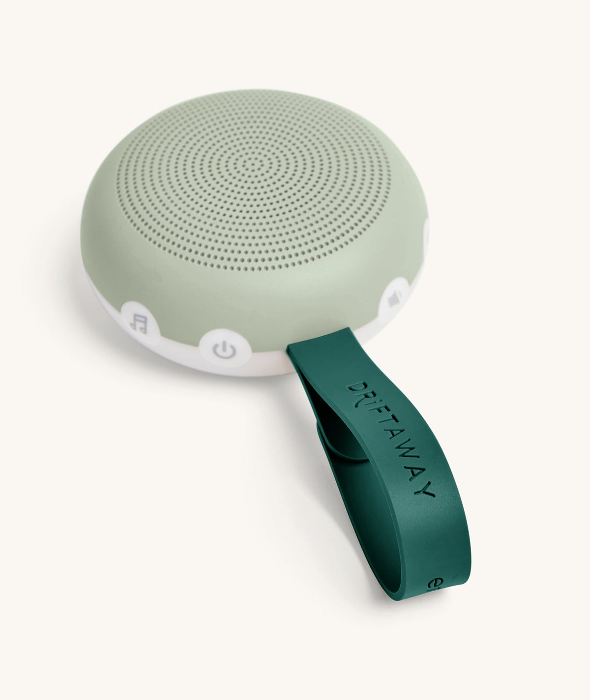 Portable speaker with a green handle on a white background