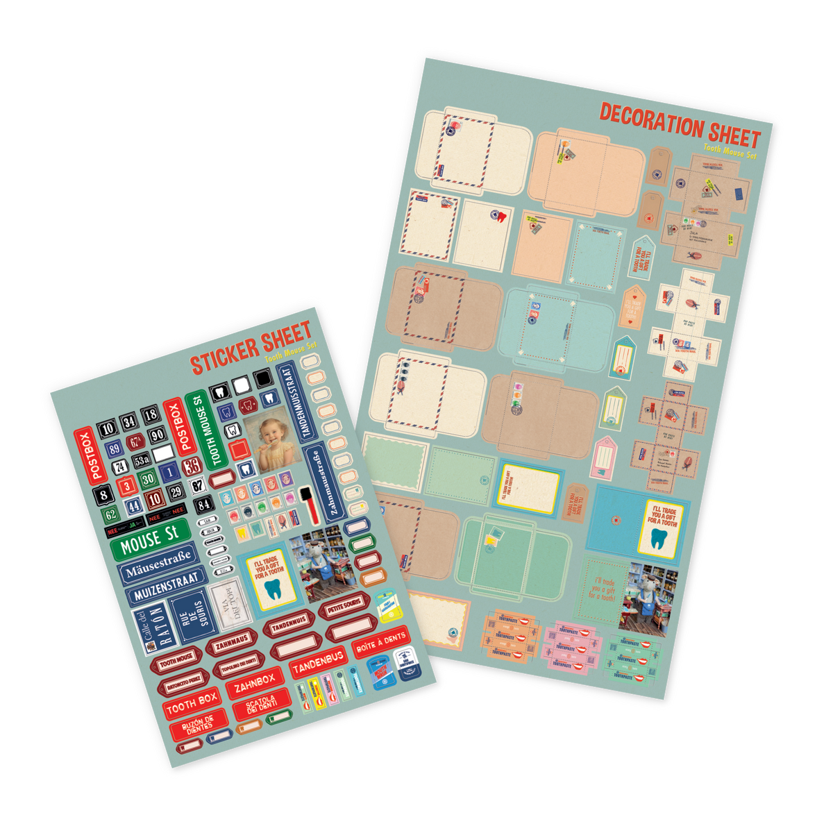 Two sheets of stickers and decoration sheets on a white background