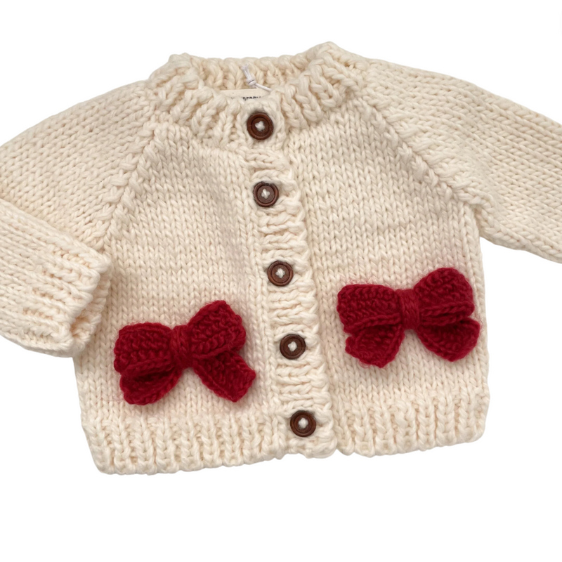 Red Bow Hand Knit Cardigan Sweater by The Blueberry Hill