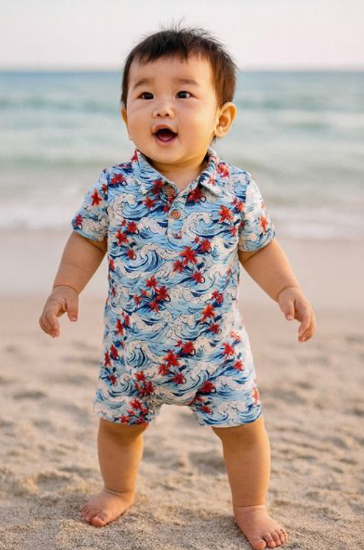 Child wearing a colorful swimsuit on a beach
