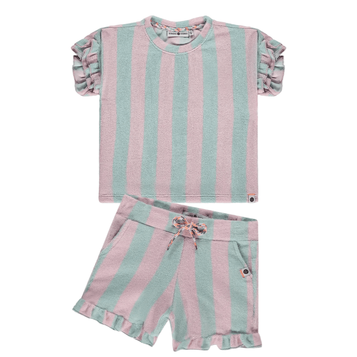 Children's outfit with pink and green striped top and shorts on a white background