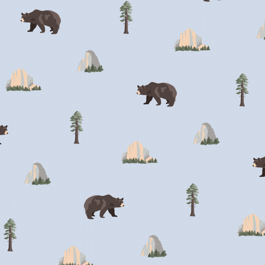 Pattern of bears, trees, and mountains on a light blue background