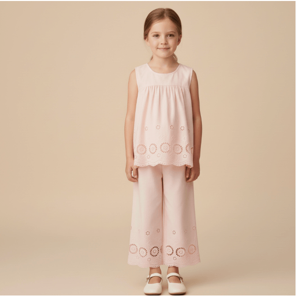 Young girl wearing a pink outfit with floral patterns on a beige background