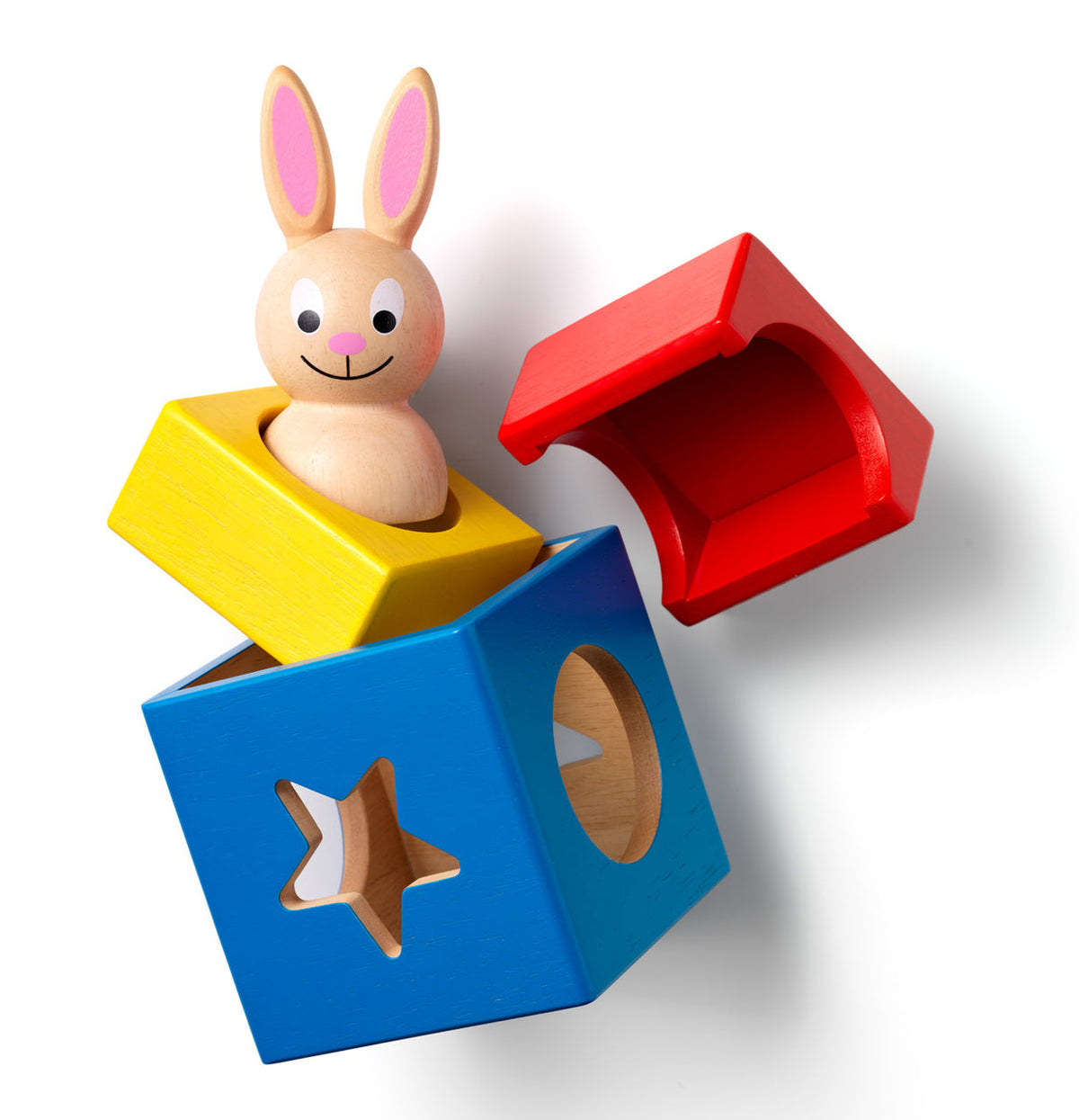 Wooden toy with rabbit figure and colorful boxes on a white background