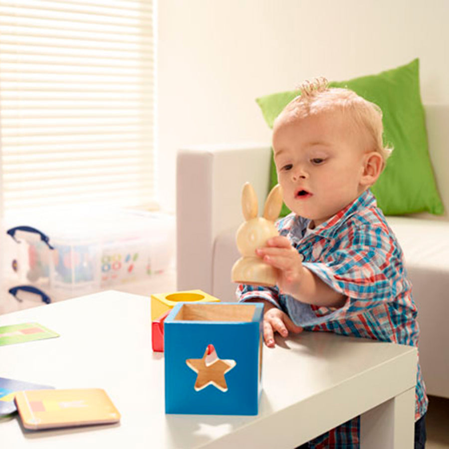 Child playing with a wooden toy in a bright room