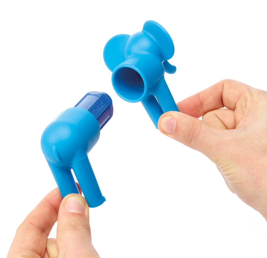 Blue earbud holders held by a hand on a white background