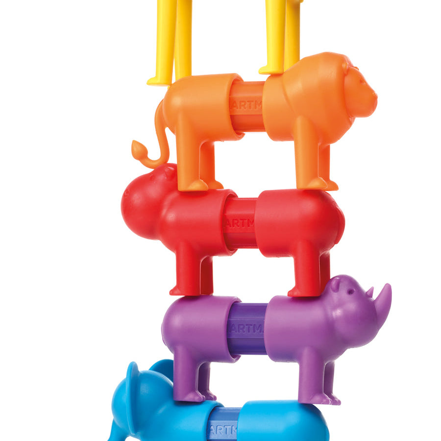 Colorful animal toy stacker with giraffe, monkey, elephant, and crocodile on a white background