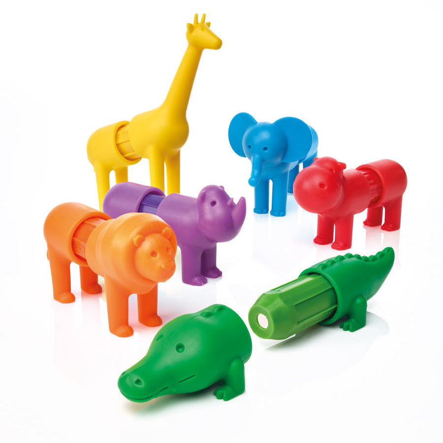 Set of colorful animal-shaped markers on a white background