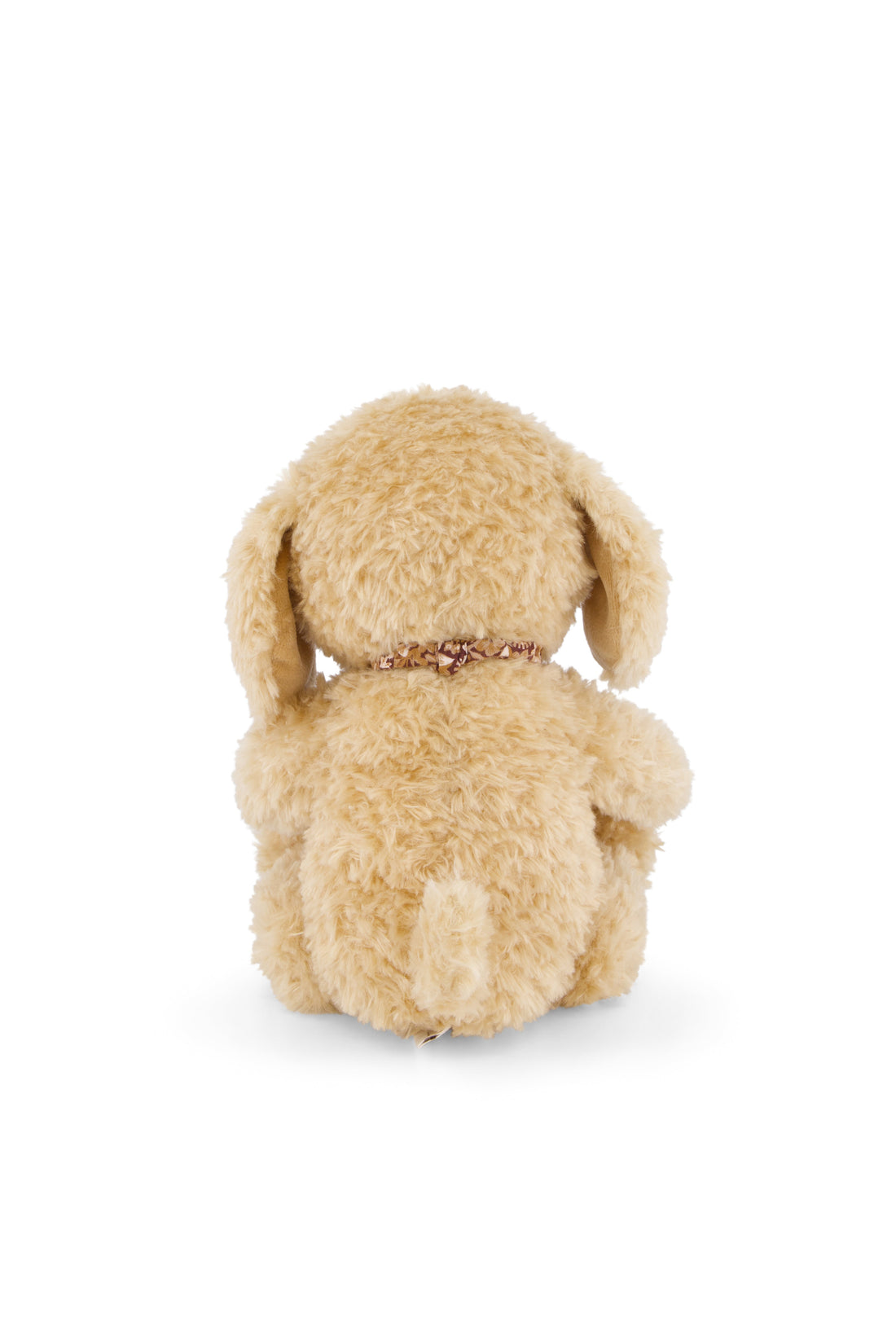 An eye-level studio product shot from the back of the "Snuggle Bunnies - Honey the Puppy by Jamie Kay" plush toy against a clean, solid white background. The back view highlights the soft, fluffy honey-toned textured faux fur, the long floppy ears hanging down, a small checkered ribbon collar tied around the neck, and a tiny plush tail at the center.