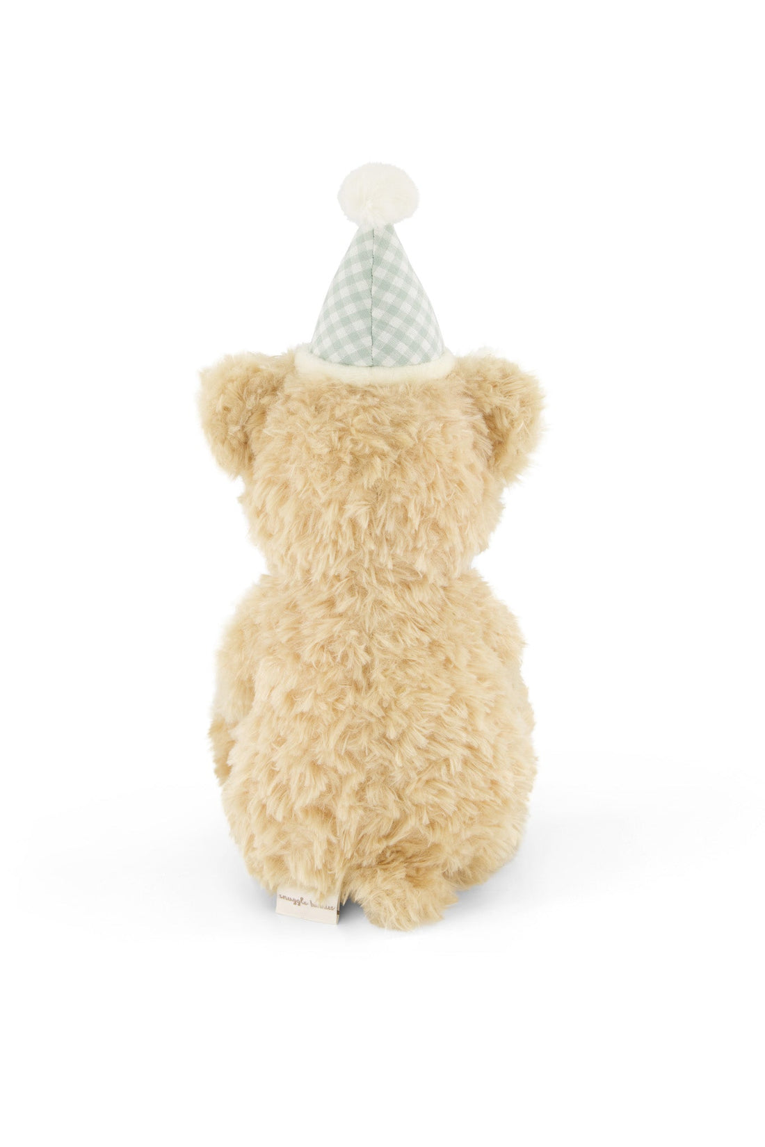 Plush bear toy with a party hat on a white background