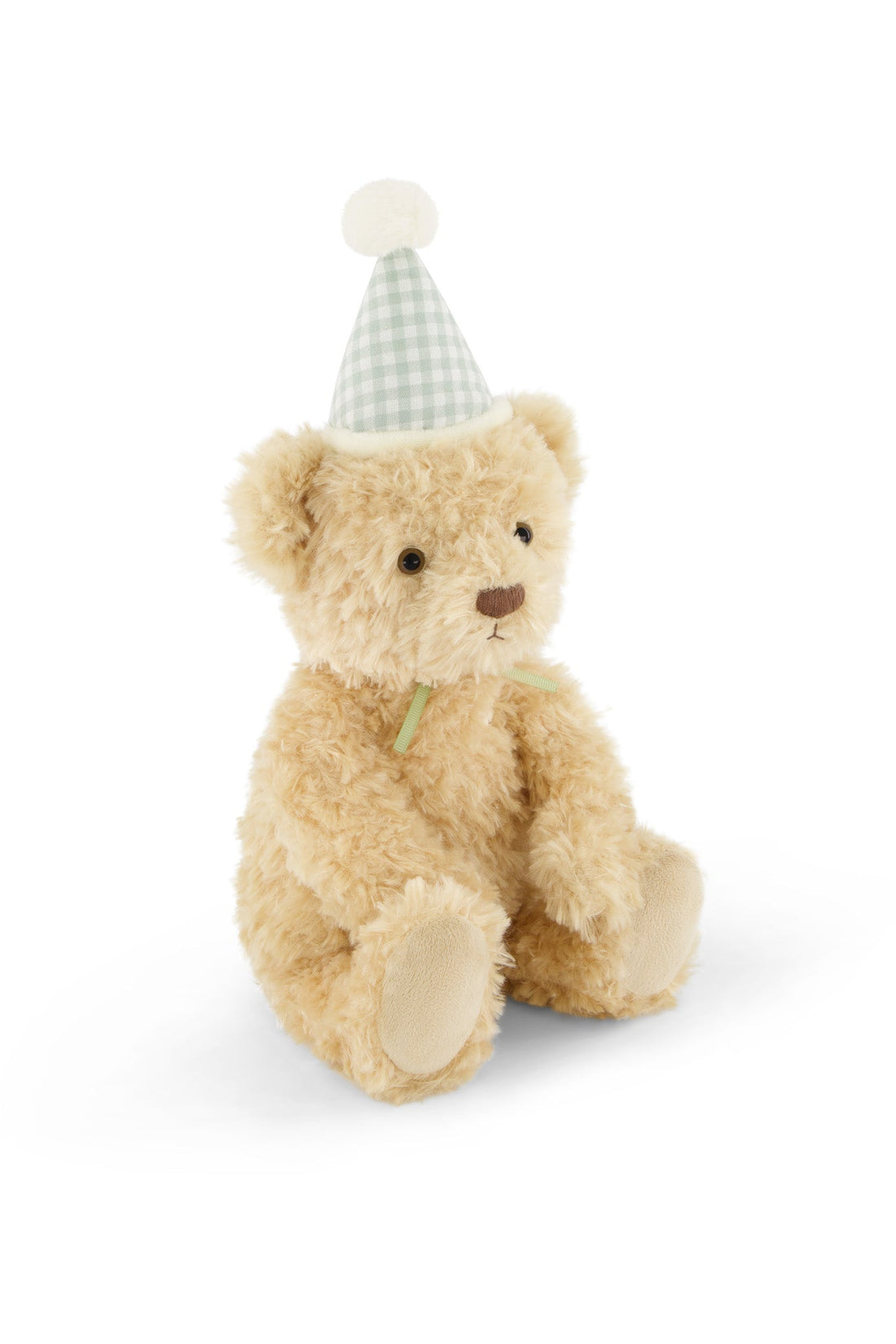 Plush teddy bear wearing a party hat on a white background