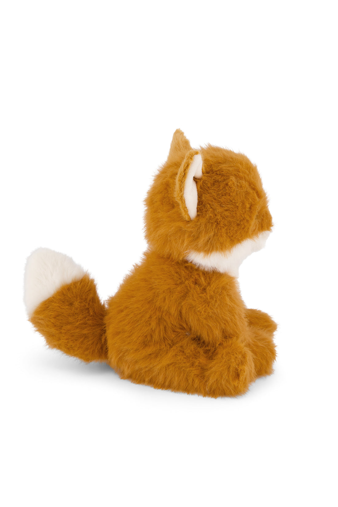 Rear view of the plush toy fox showing its fluffy rust-colored fur and bushy tail with a white tip, set against a plain white background.
