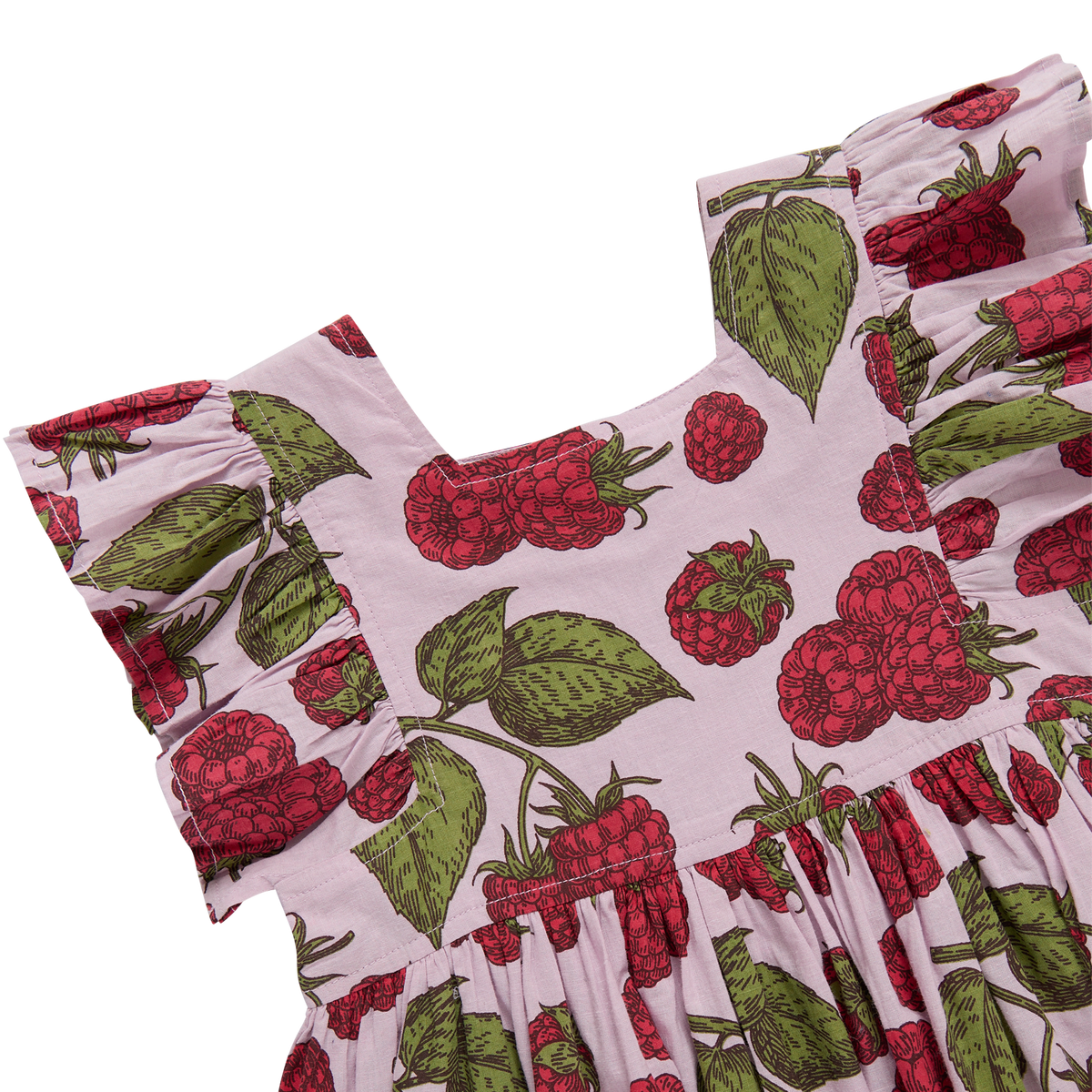 Children's dress with raspberry pattern on a white background