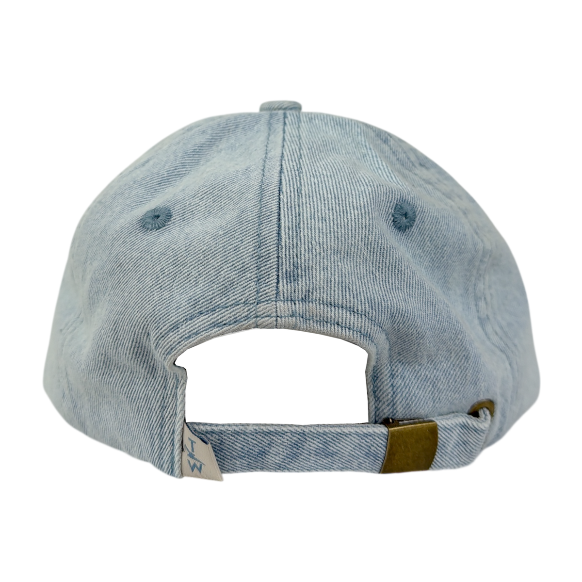 Light blue denim cap with a brown leather strap on a white background