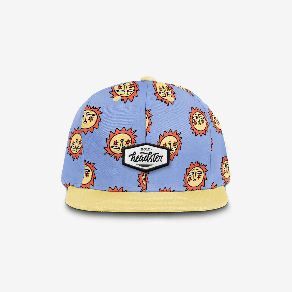 Blue cap with sun pattern and yellow brim on a white background