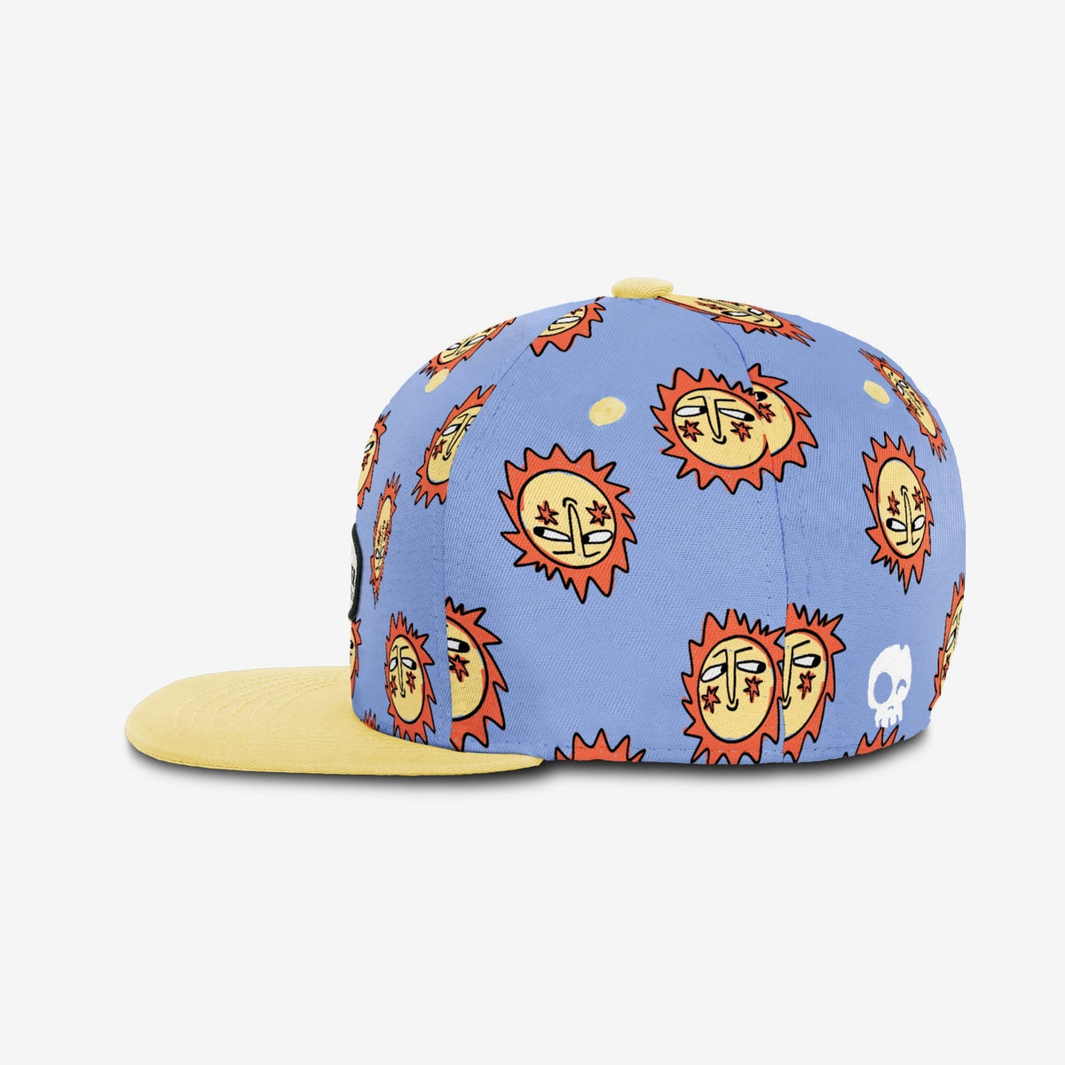 Blue cap with sun pattern and yellow brim on a white background