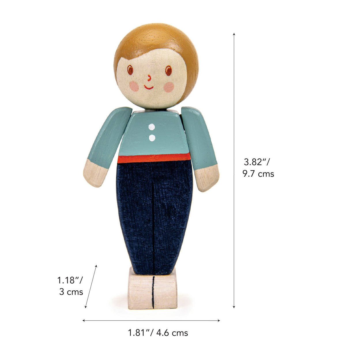 Wooden toy figure with measurements on a white background