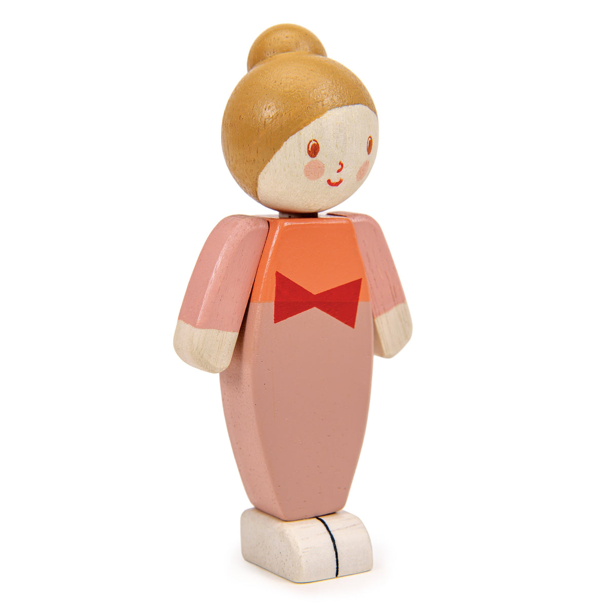 Wooden toy figure of a girl with a red bow on a white background