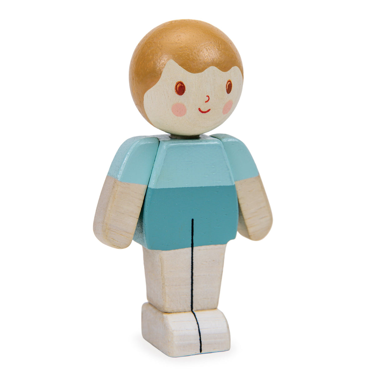 Wooden toy figure of a boy with a blue shirt and beige pants on a white background