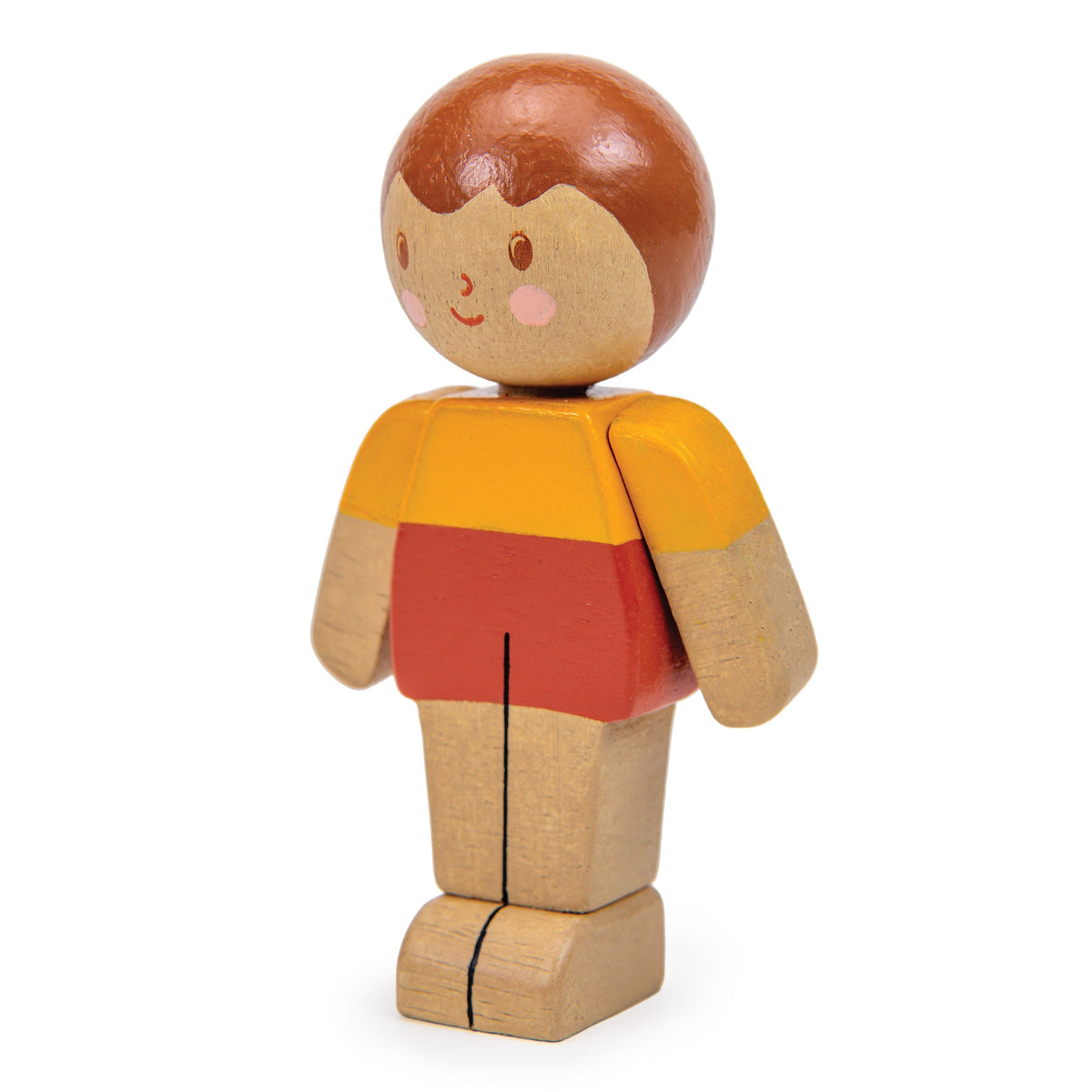 Wooden toy figure with a red shirt and yellow sleeves on a white background