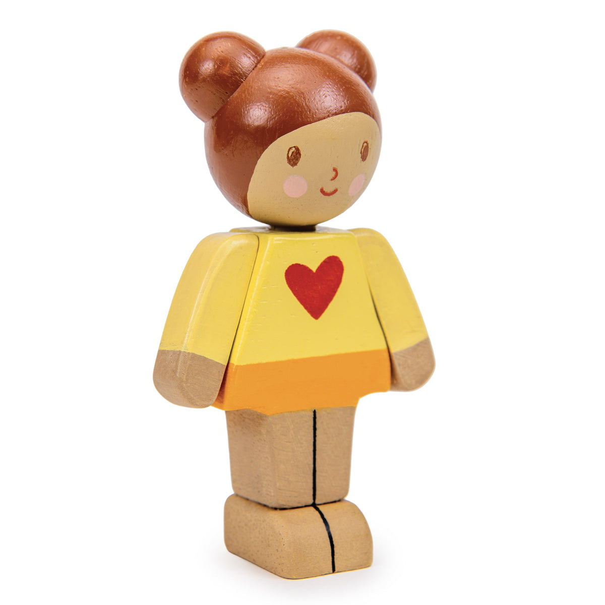 Wooden toy figure with a yellow shirt and red heart on a white background