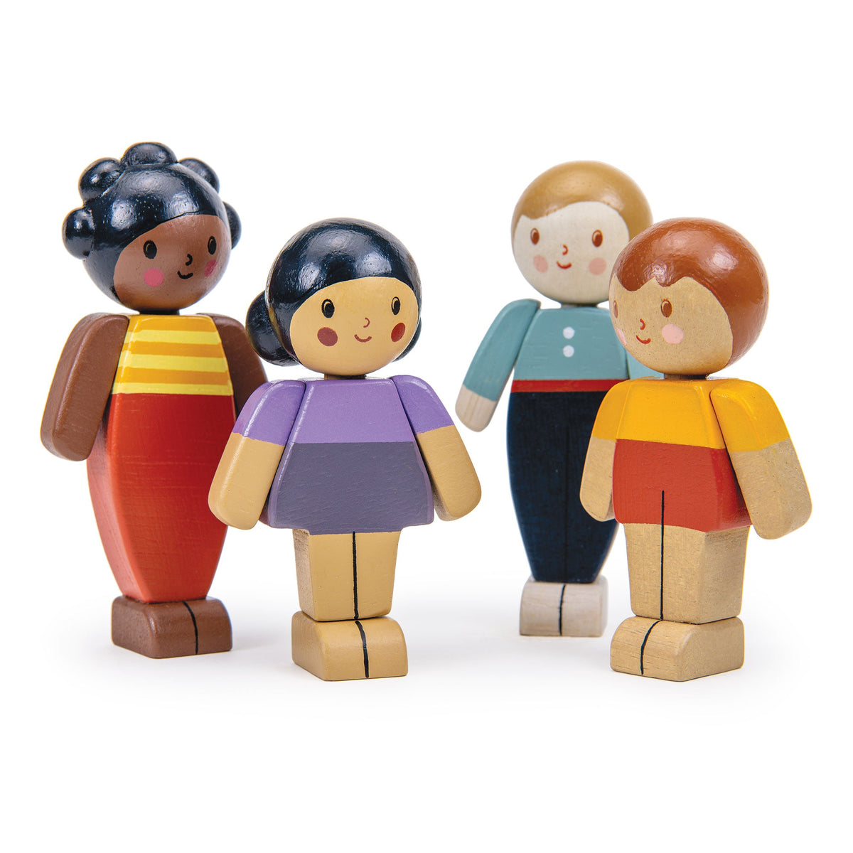 Set of four wooden toy figures with different hairstyles and clothing on a white background