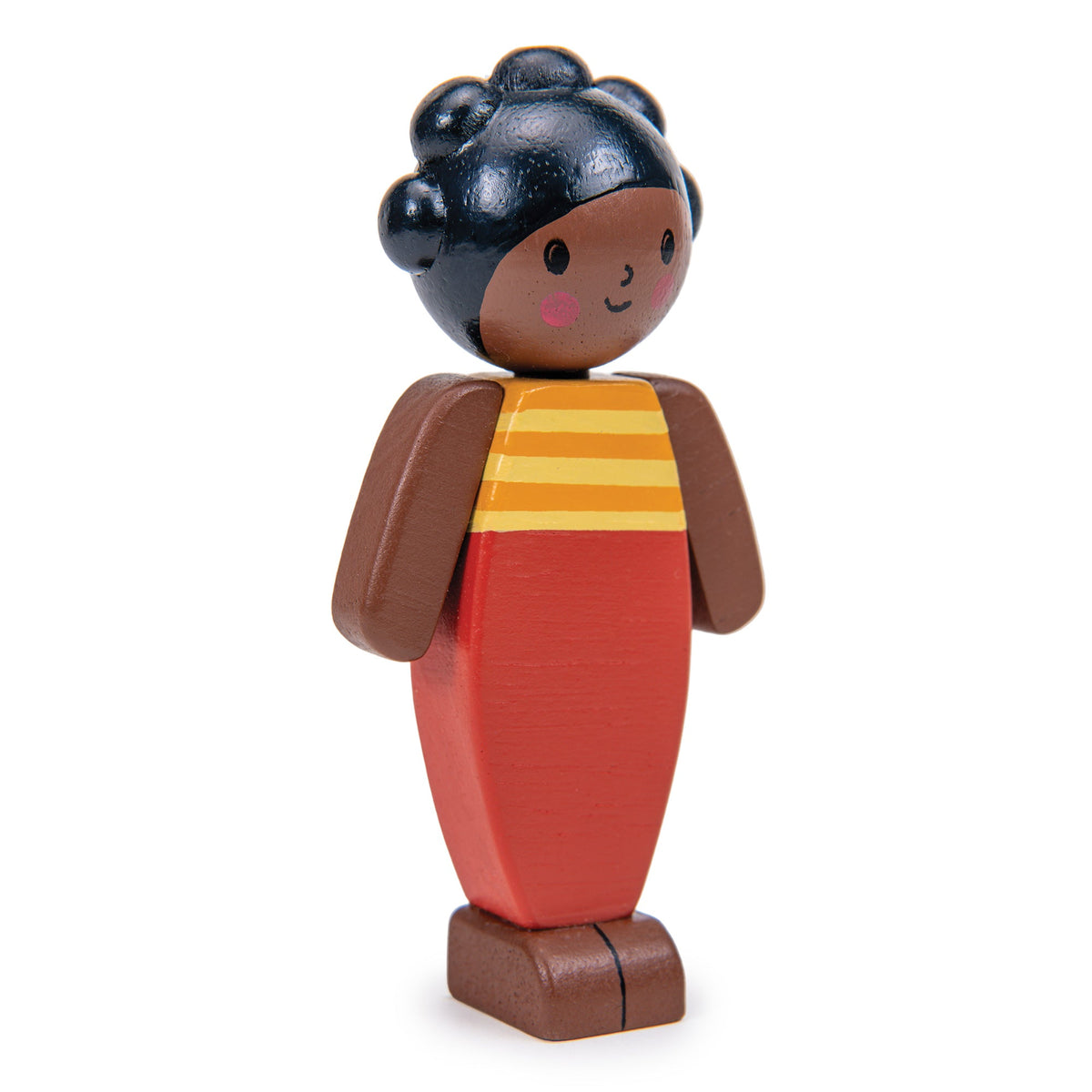 Wooden toy figure of a girl with an orange dress on a white background