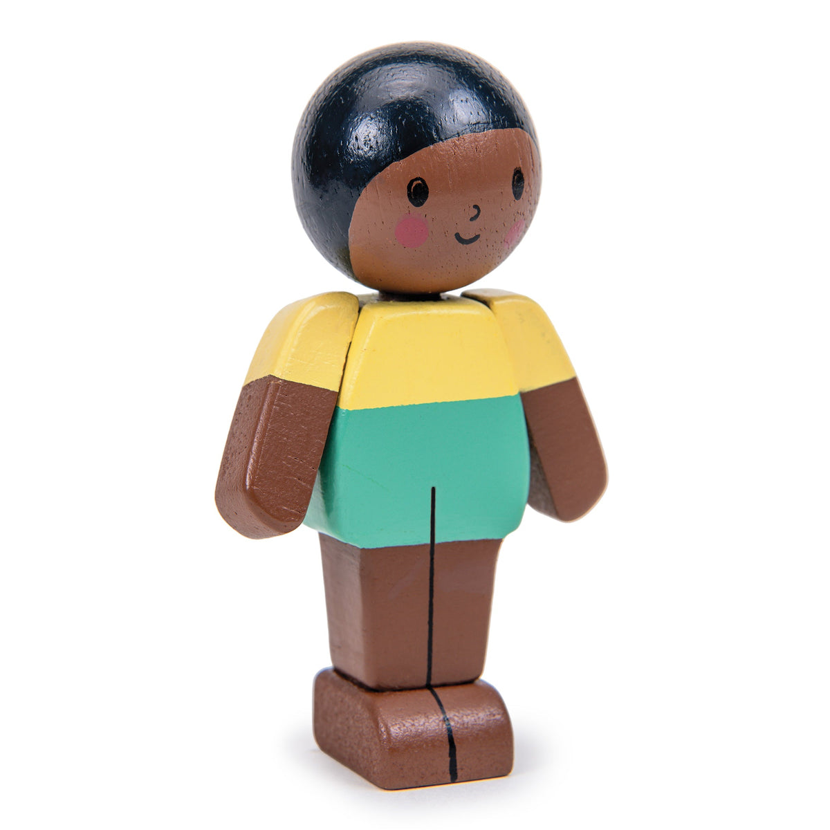 Wooden toy figure with a black hair bun, yellow shirt, green shorts, and brown shoes on a white background.