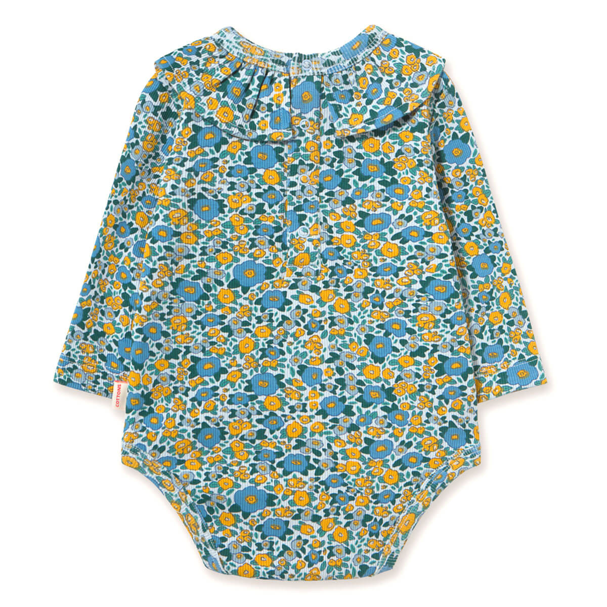 A long-sleeve baby bodysuit with a dense floral print in blue, yellow, and green, featuring a ruffled neckline and snap closures at the crotch.