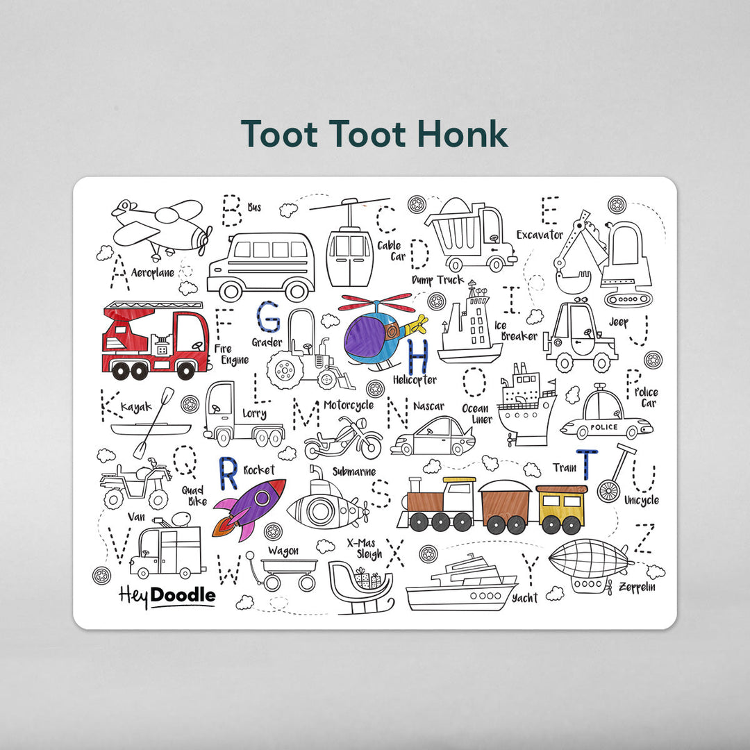 Coloring sheet with transportation-themed illustrations and 'Toot Toot Honk' text on a gray background.