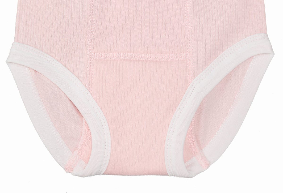 Pink baby onesie with white trim on a white background