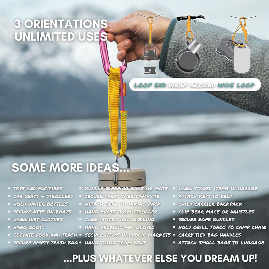 Multifunctional keychain with various uses shown against a mountainous background