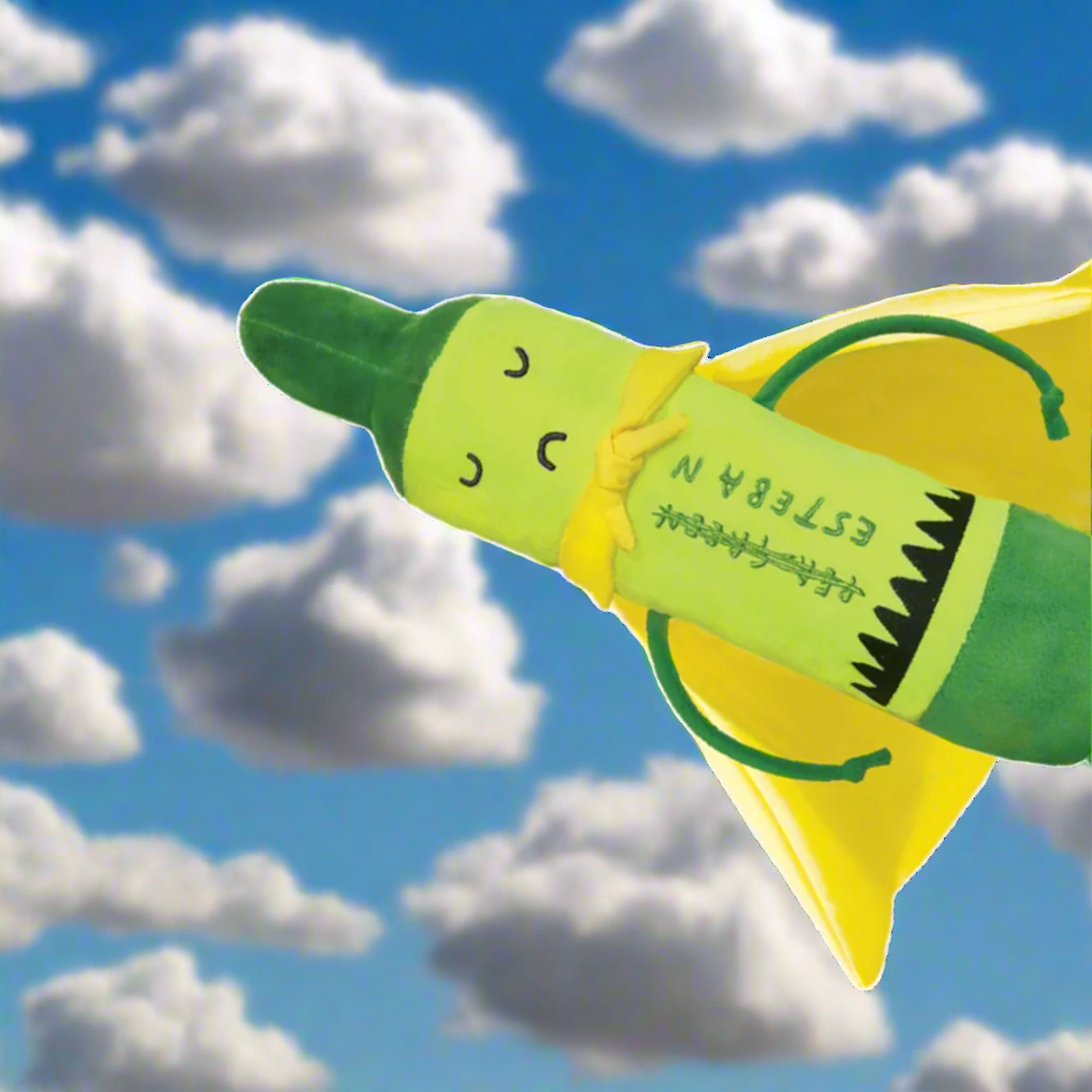 A plush toy shaped like a crayon with a face and small arms, colored in light green and yellow, flying against a blue sky with white clouds. The word 'ESTERAN' is printed on its side.