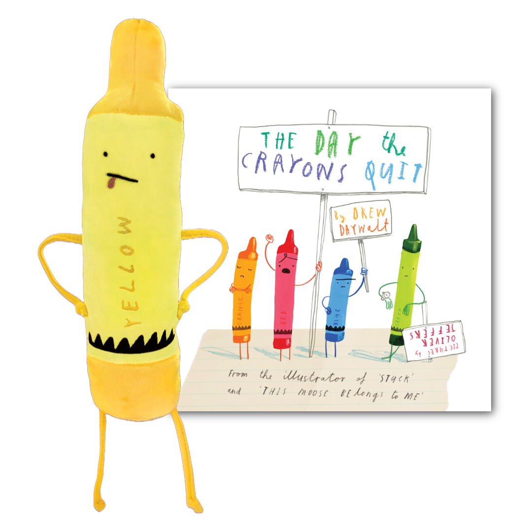 A yellow crayon-shaped plush toy stands in front of a printed book or card titled "The Day the Crayons Quit" on a plain white background.