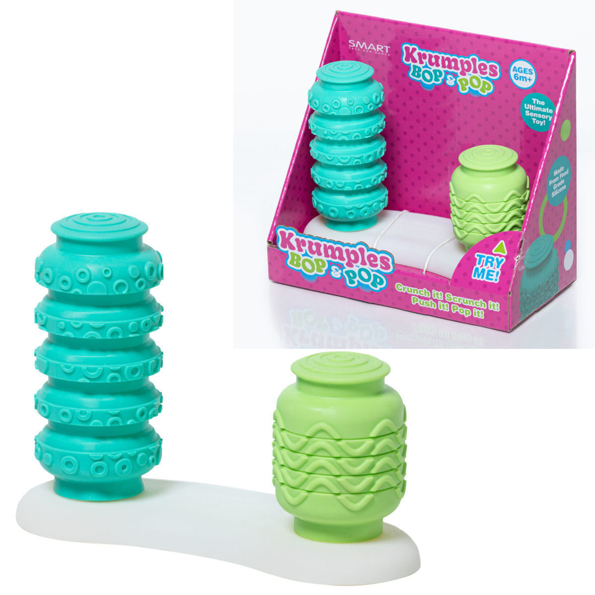 Green and teal 'Krumple's Pop & Pop' toy with packaging on a white background