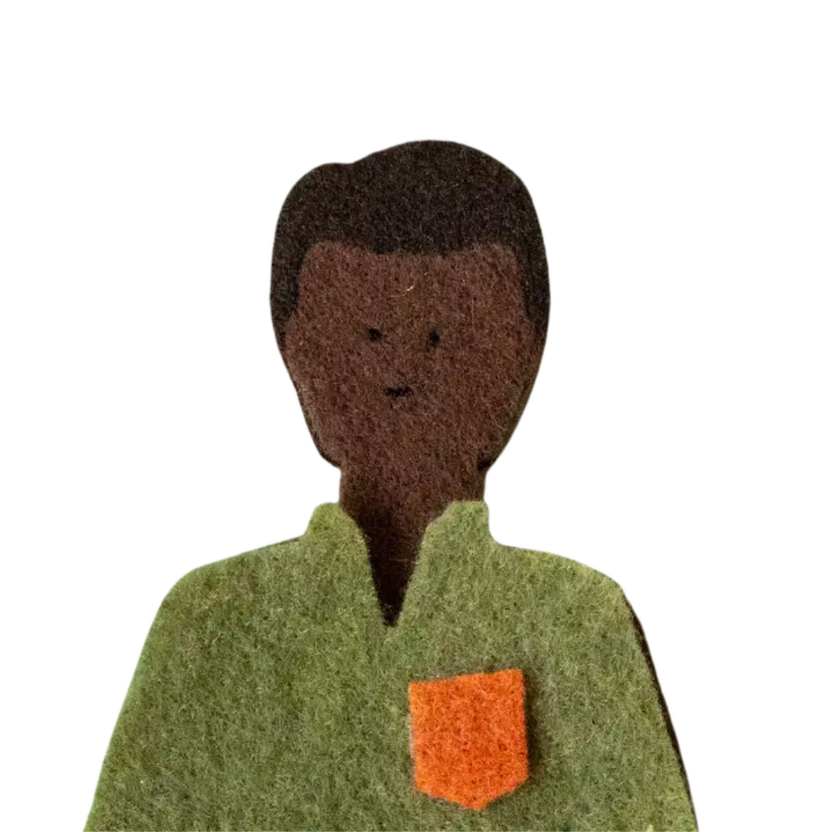 Felt figurine of a person wearing a green shirt with an orange pocket on a white background