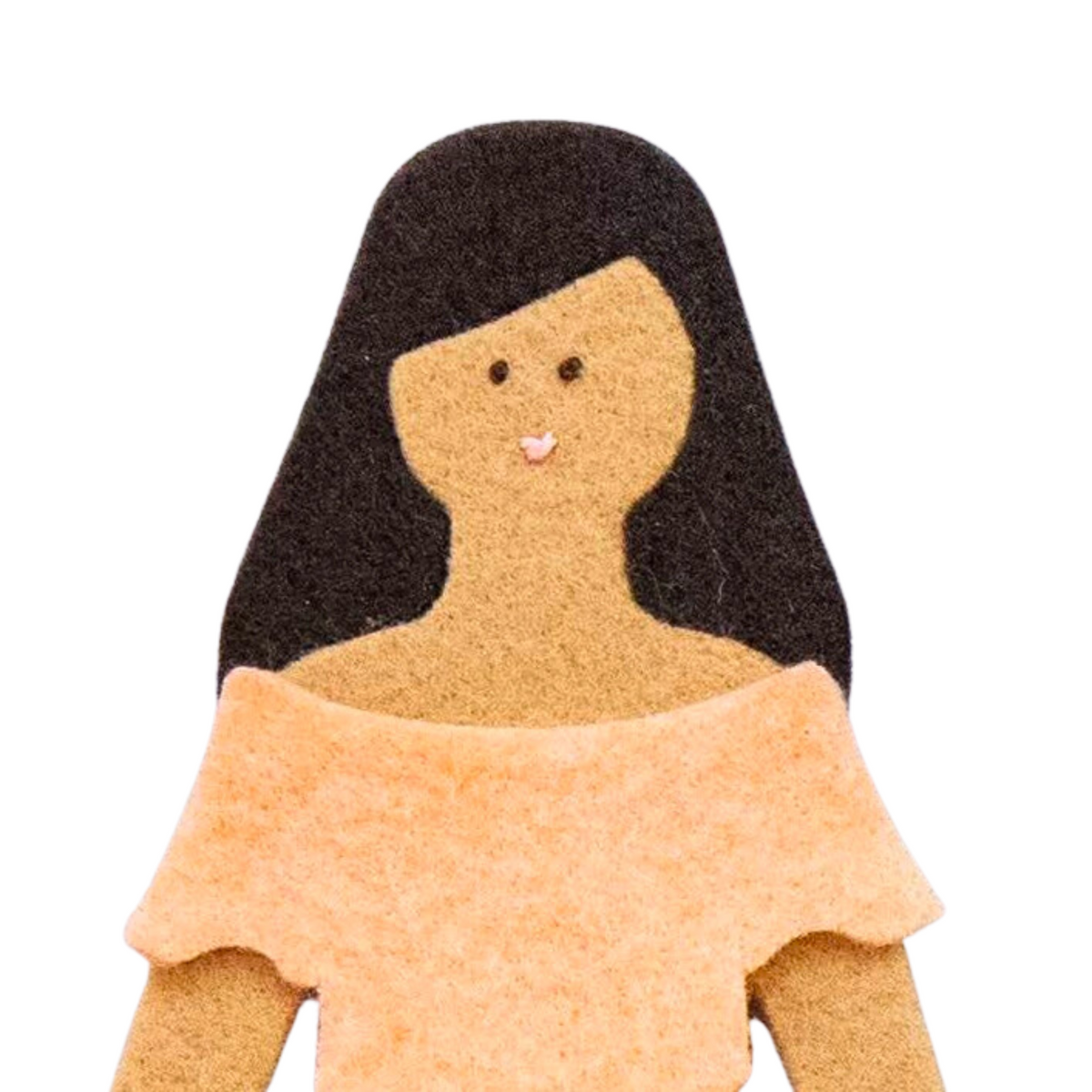 Felt figurine of a woman with long black hair and a light brown top on a white background