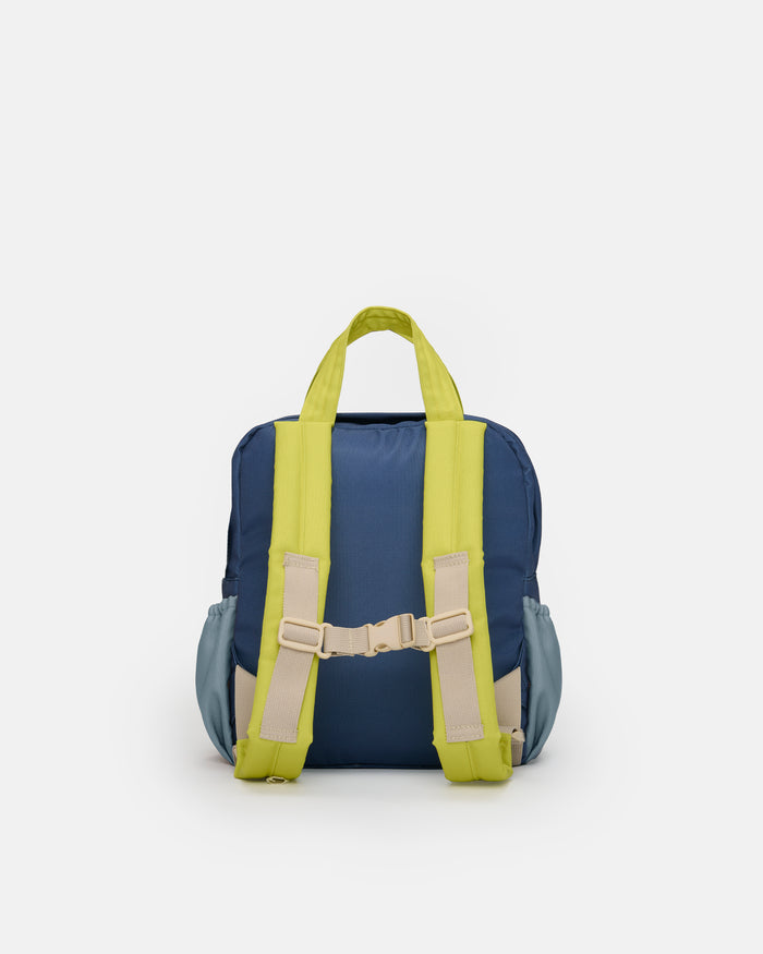 Blue backpack with yellow straps on a white background
