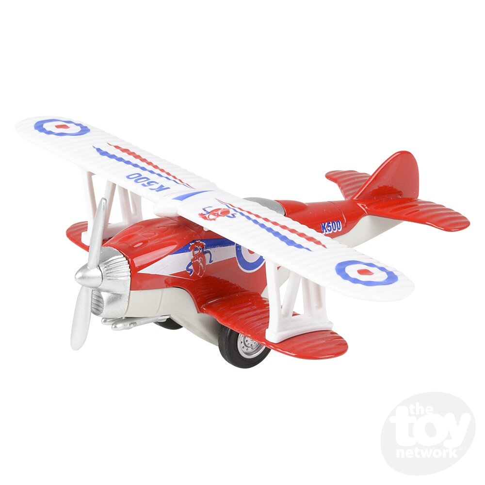 Toy biplane with red and white colors on a white background