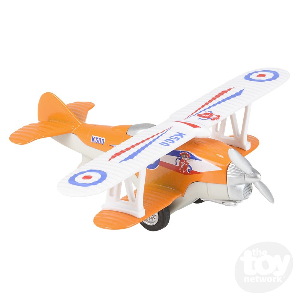 Toy airplane with orange and white design on a white background