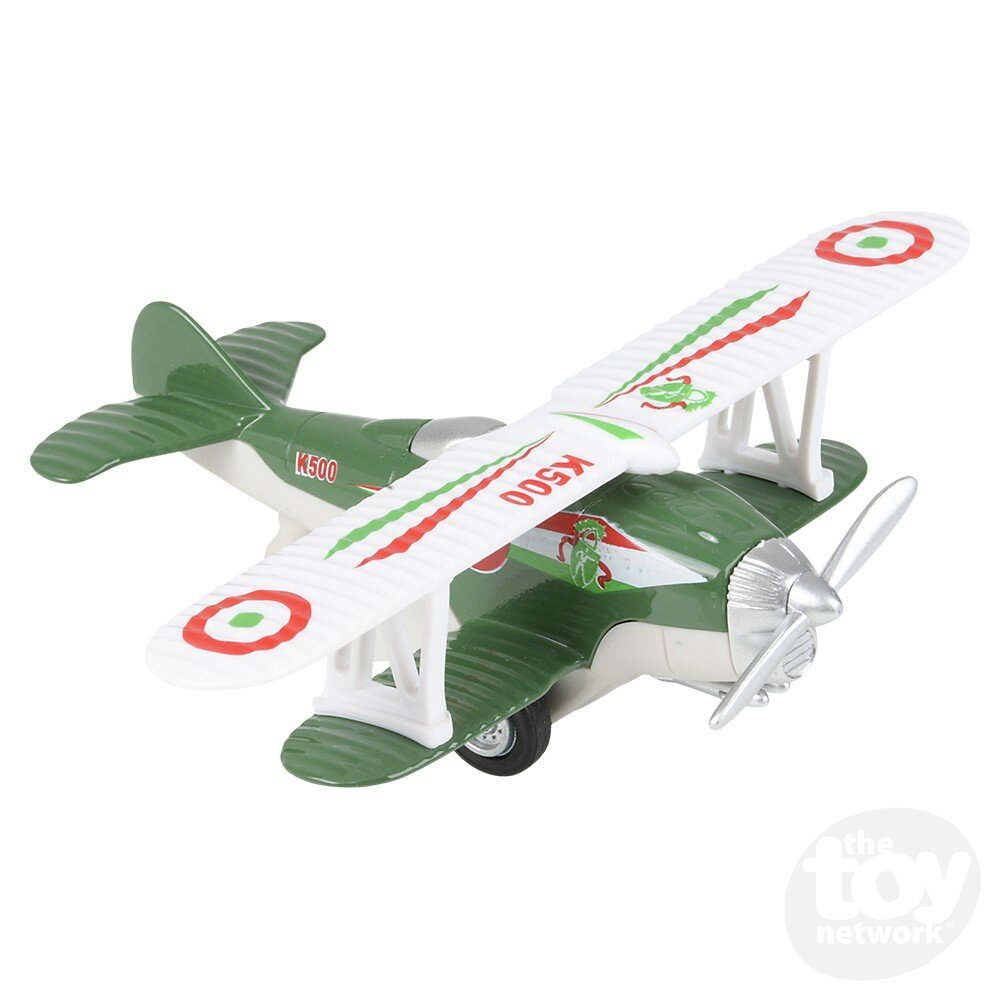 Toy airplane with green and white design on a white background