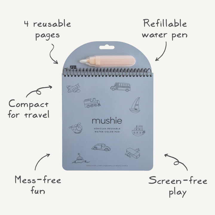 Mushie reusable water color pad with pen on a white background